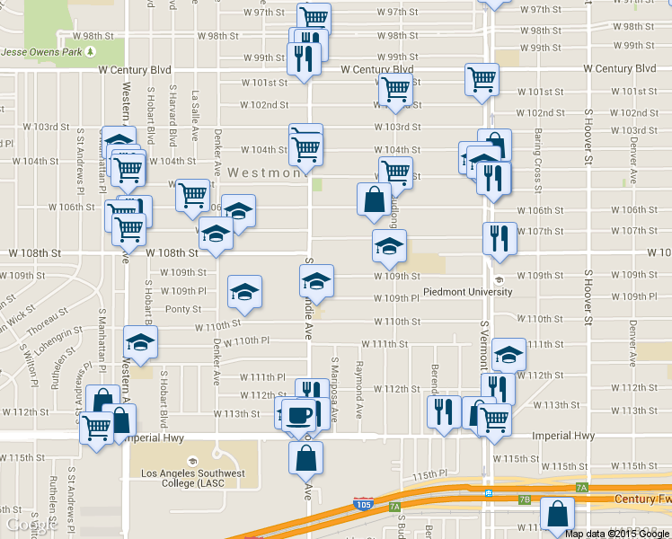 map of restaurants, bars, coffee shops, grocery stores, and more near 1329 West 109th Street in Los Angeles