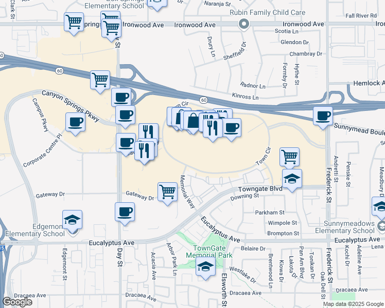 map of restaurants, bars, coffee shops, grocery stores, and more near 22450 Town Circle in Moreno Valley