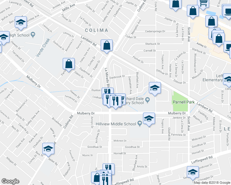 map of restaurants, bars, coffee shops, grocery stores, and more near 14967 Dunton Drive in Whittier