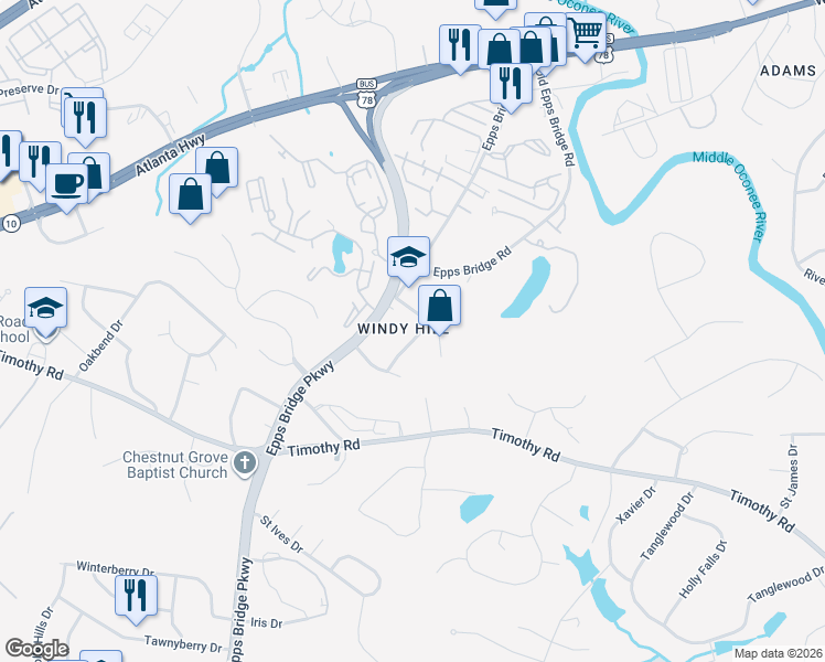 map of restaurants, bars, coffee shops, grocery stores, and more near 210 Windy Hill Way in Athens