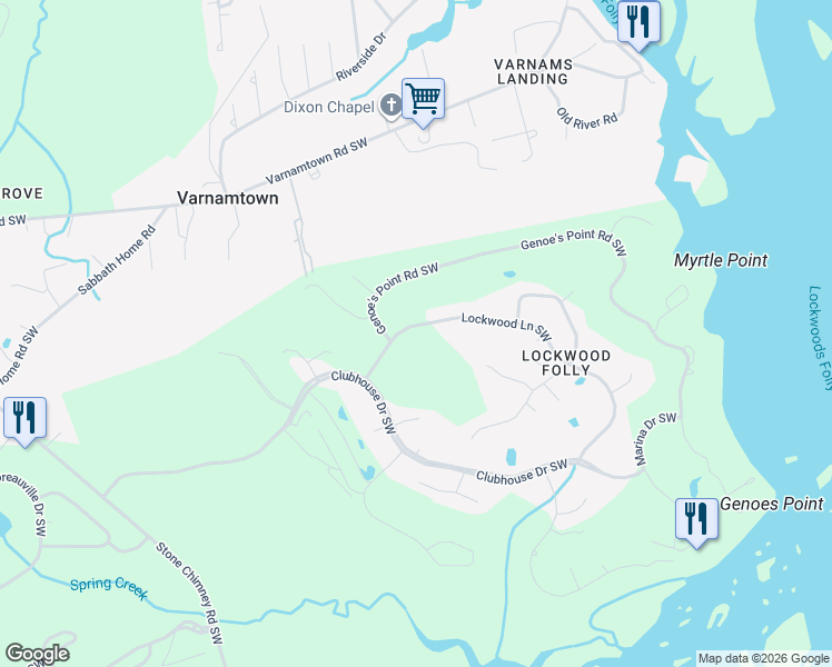 map of restaurants, bars, coffee shops, grocery stores, and more near 431 Lockwood Lane Southwest in Brunswick County