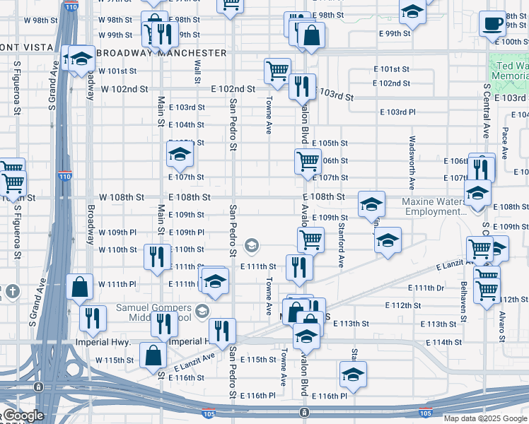 map of restaurants, bars, coffee shops, grocery stores, and more near 357 East 109th Street in Los Angeles
