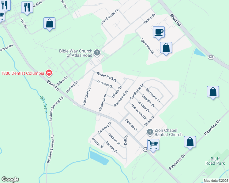 map of restaurants, bars, coffee shops, grocery stores, and more near 4116 Tavineer Drive in Columbia