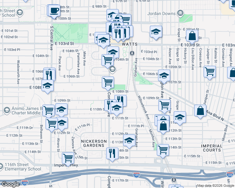 map of restaurants, bars, coffee shops, grocery stores, and more near 1626 East 108th Street in Los Angeles