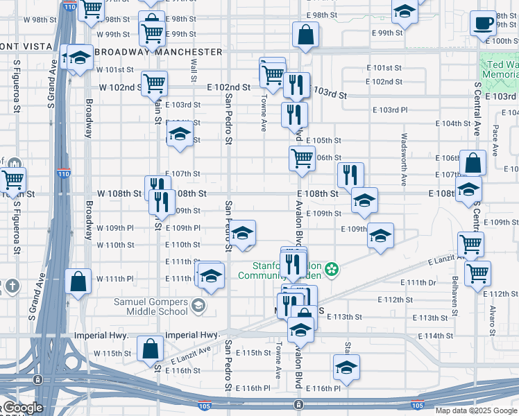 map of restaurants, bars, coffee shops, grocery stores, and more near 357 East 109th Street in Los Angeles