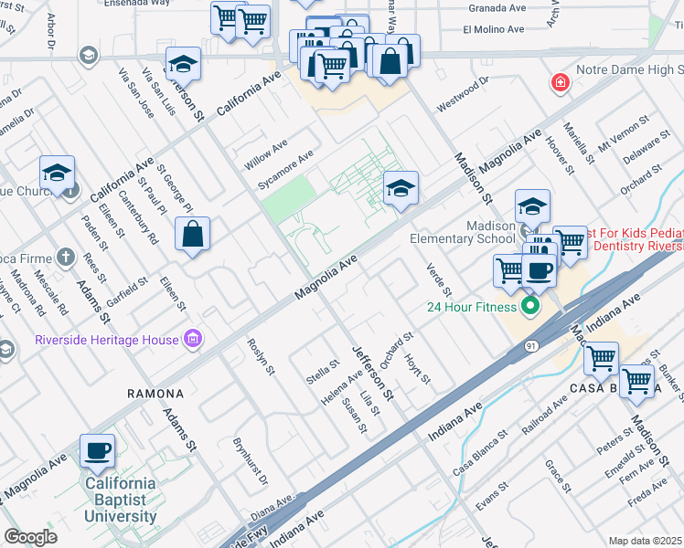 map of restaurants, bars, coffee shops, grocery stores, and more near 7840 Magnolia Avenue in Riverside