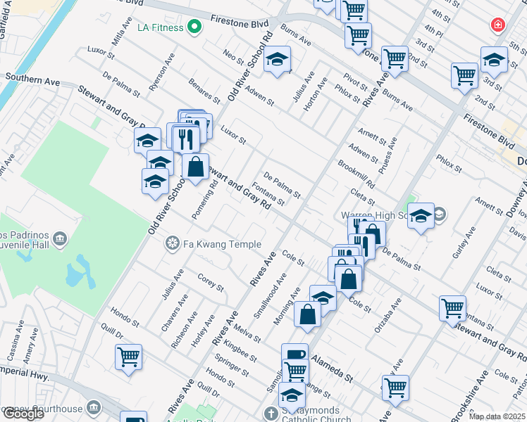 map of restaurants, bars, coffee shops, grocery stores, and more near 7640 Stewart and Gray Road in Downey