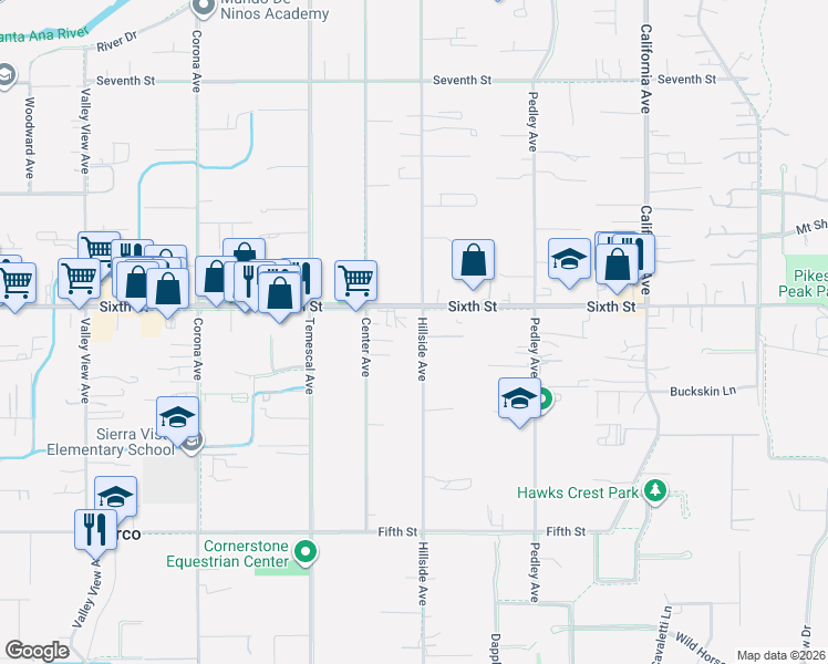 map of restaurants, bars, coffee shops, grocery stores, and more near 3834 Hillside Avenue in Norco