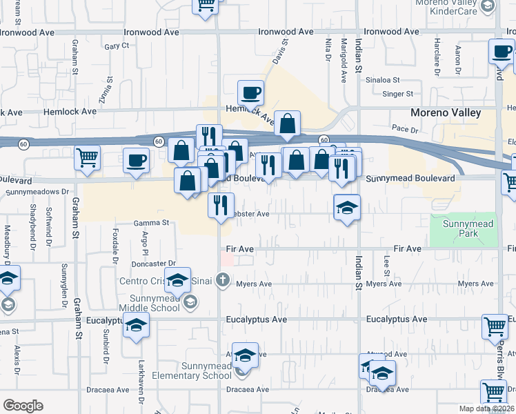 map of restaurants, bars, coffee shops, grocery stores, and more near 24136 Webster Avenue in Moreno Valley