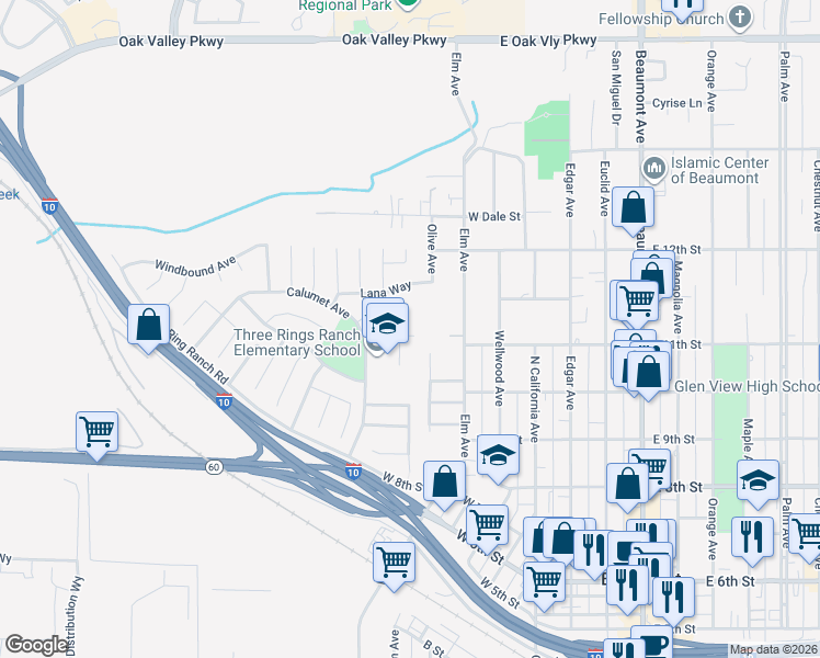 map of restaurants, bars, coffee shops, grocery stores, and more near 410 Windfields Way in Beaumont
