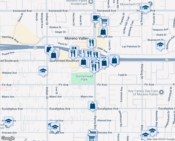 map of restaurants, bars, coffee shops, grocery stores, and more near 12615 Sunnymead Boulevard in Moreno Valley