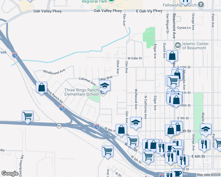 map of restaurants, bars, coffee shops, grocery stores, and more near 422 Windfields Way in Beaumont