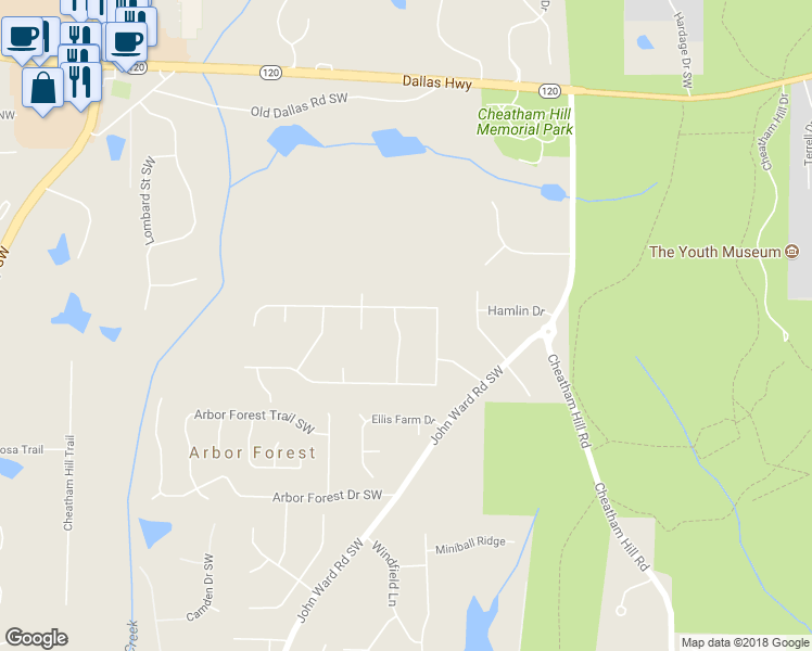 map of restaurants, bars, coffee shops, grocery stores, and more near 629 Old Orchard Drive in Marietta