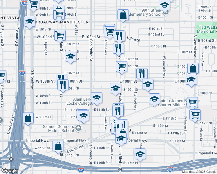 map of restaurants, bars, coffee shops, grocery stores, and more near 413 East 109th Street in Los Angeles