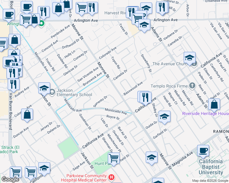 map of restaurants, bars, coffee shops, grocery stores, and more near 4372 Monroe Street in Riverside