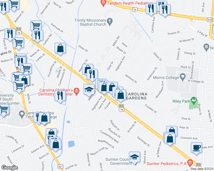 map of restaurants, bars, coffee shops, grocery stores, and more near 3 Highland Avenue in Sumter