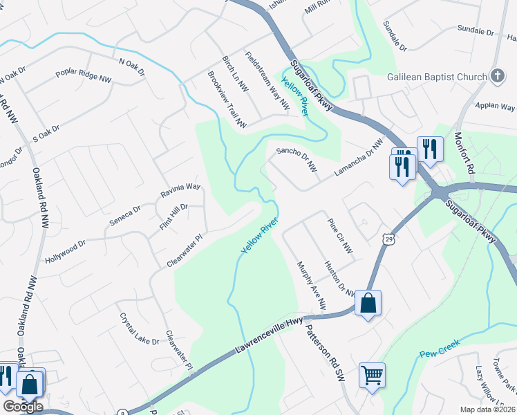 map of restaurants, bars, coffee shops, grocery stores, and more near 675 Clearwater Place in Lawrenceville