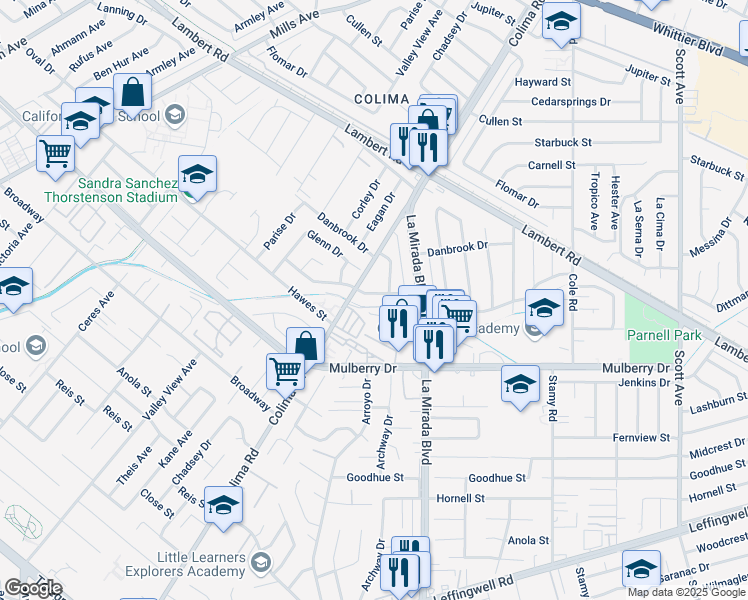 map of restaurants, bars, coffee shops, grocery stores, and more near 14822 Dunton Dr in Whittier