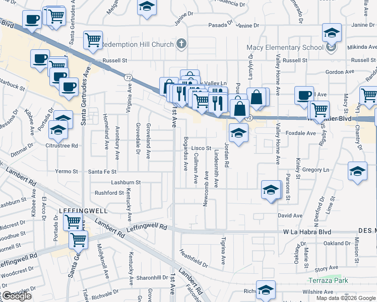 map of restaurants, bars, coffee shops, grocery stores, and more near 10702 Bogardus Avenue in Whittier
