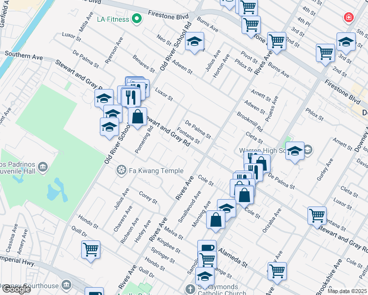 map of restaurants, bars, coffee shops, grocery stores, and more near 7640 Stewart and Gray Road in Downey
