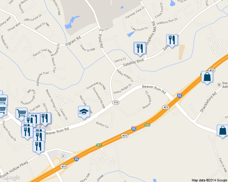 map of restaurants, bars, coffee shops, grocery stores, and more near 4801 Valley Ridge Drive in Duluth
