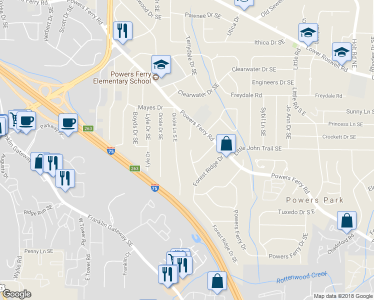 map of restaurants, bars, coffee shops, grocery stores, and more near 600 Oakland Drive Southeast in Marietta
