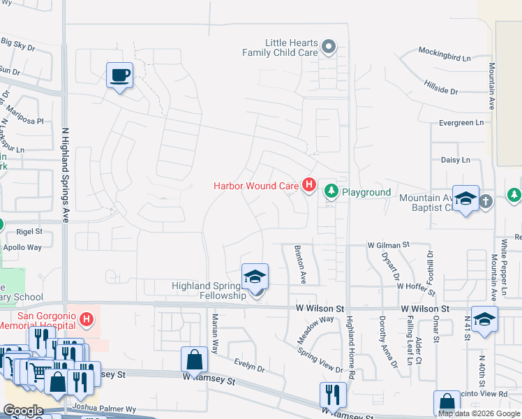 map of restaurants, bars, coffee shops, grocery stores, and more near 5295 Verbena Circle in Banning