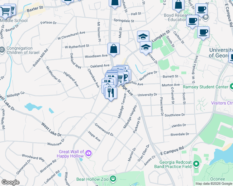 map of restaurants, bars, coffee shops, grocery stores, and more near 1689 South Lumpkin Street in Athens