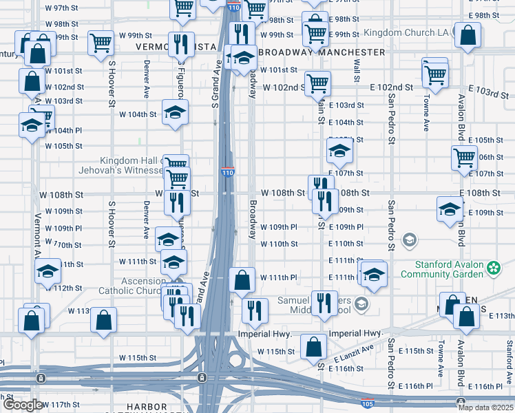 map of restaurants, bars, coffee shops, grocery stores, and more near 10824 South Broadway in Los Angeles