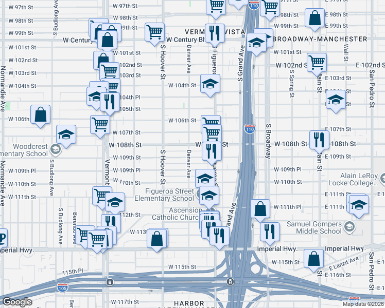 map of restaurants, bars, coffee shops, grocery stores, and more near 537 West 109th Street in Los Angeles