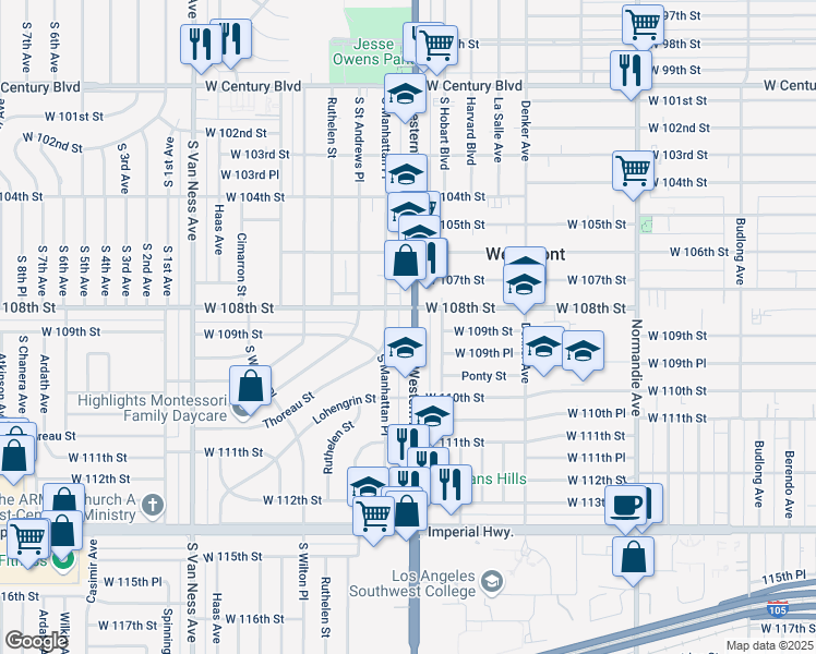map of restaurants, bars, coffee shops, grocery stores, and more near 10823 South Western Avenue in Los Angeles