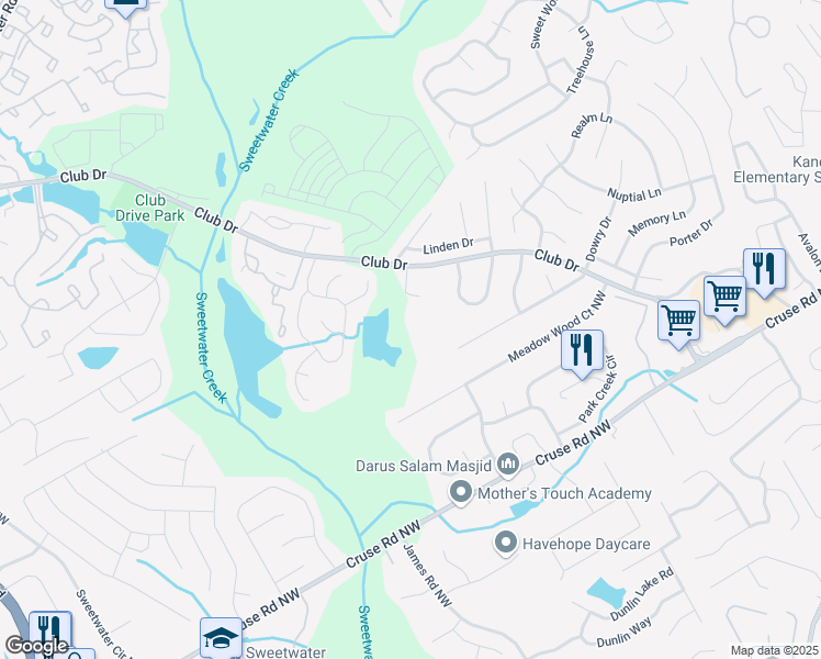 map of restaurants, bars, coffee shops, grocery stores, and more near 3100 Club Drive in Lawrenceville