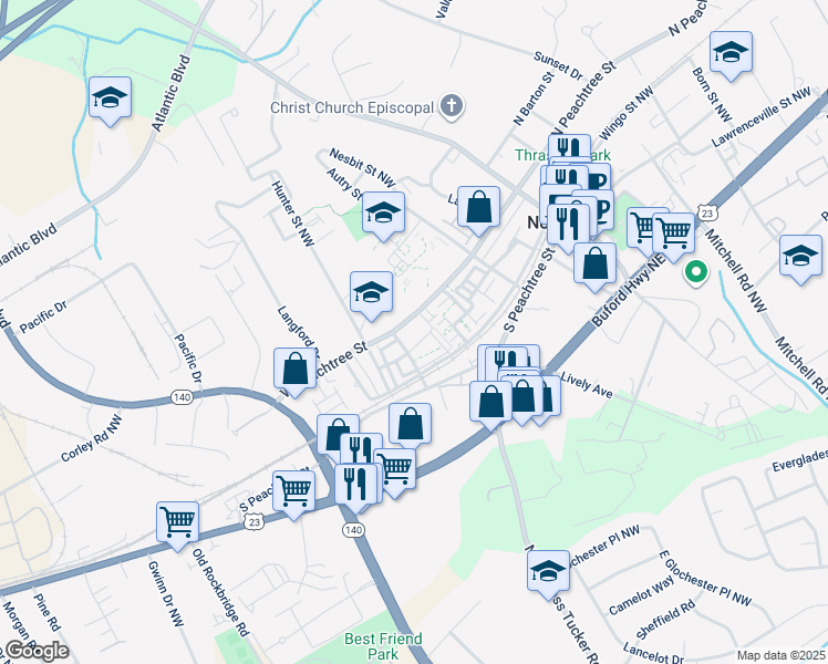 map of restaurants, bars, coffee shops, grocery stores, and more near 2705 Queenstown Street in Norcross