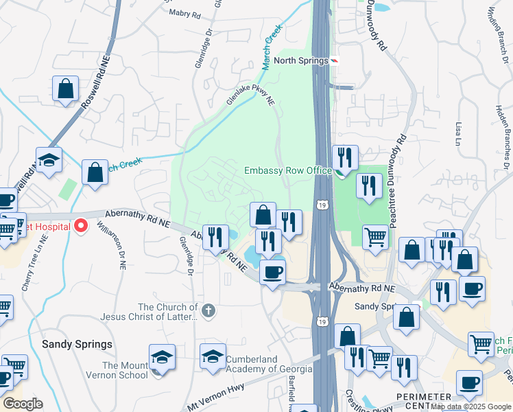 map of restaurants, bars, coffee shops, grocery stores, and more near 6673 Artisan Alley in Sandy Springs
