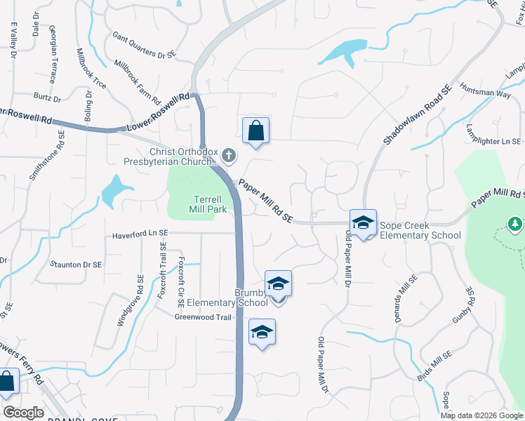 map of restaurants, bars, coffee shops, grocery stores, and more near 3191 Palisades Court Southeast in Marietta