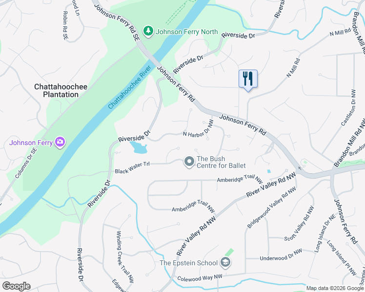 map of restaurants, bars, coffee shops, grocery stores, and more near 540 Old Harbor Drive Northwest in Atlanta