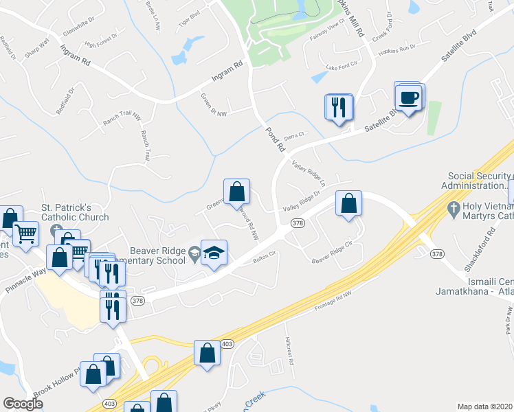 map of restaurants, bars, coffee shops, grocery stores, and more near 4746 Greenway Road Northwest in Norcross