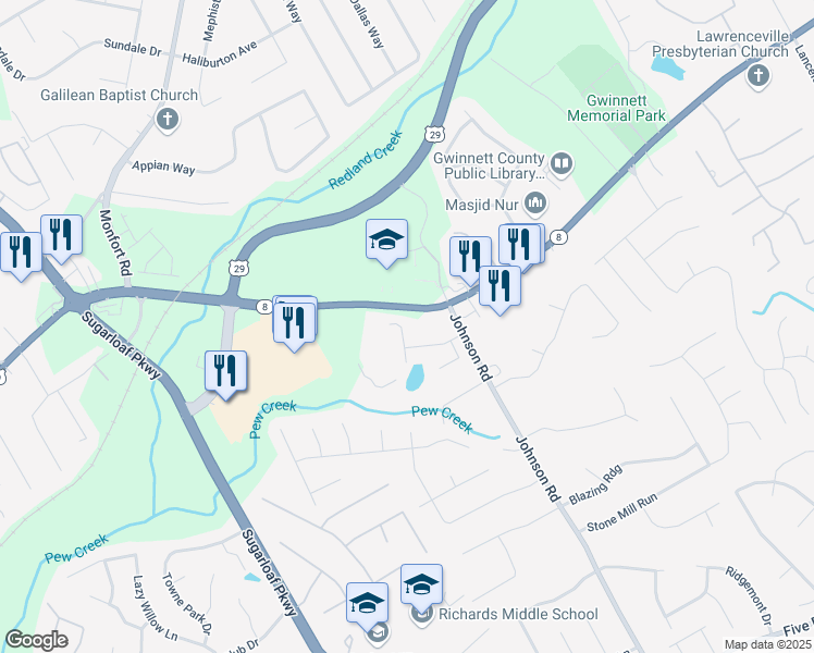 map of restaurants, bars, coffee shops, grocery stores, and more near 118 Cassady Lane in Lawrenceville