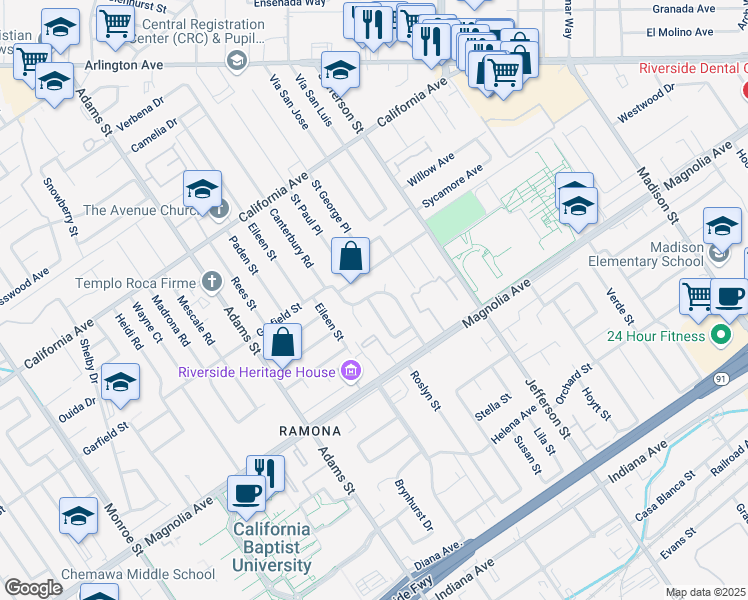 map of restaurants, bars, coffee shops, grocery stores, and more near 3944 Canterbury Road in Riverside
