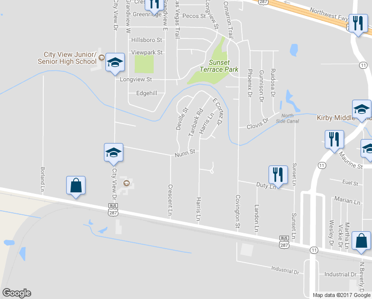 map of restaurants, bars, coffee shops, grocery stores, and more near 1400 Tanbark Road in Wichita Falls