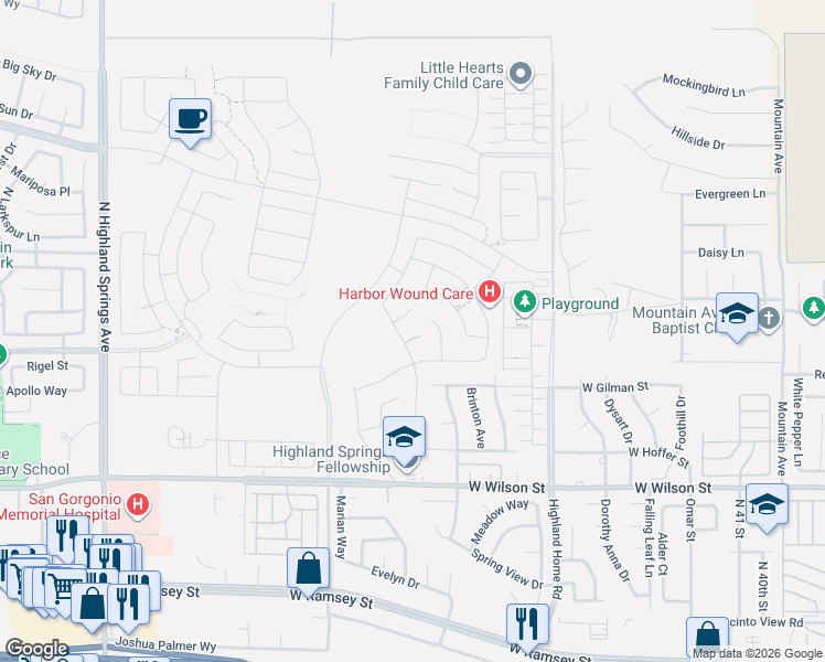 map of restaurants, bars, coffee shops, grocery stores, and more near 5295 Verbena Circle in Banning