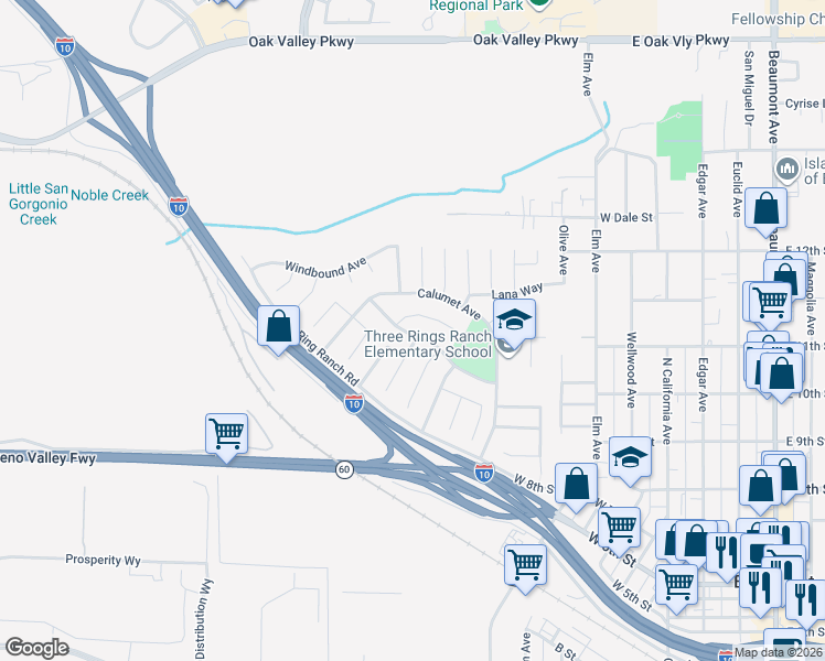 map of restaurants, bars, coffee shops, grocery stores, and more near 660 Brookside Lane in Beaumont