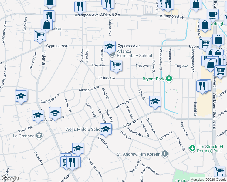 map of restaurants, bars, coffee shops, grocery stores, and more near 5545 Rutland Avenue in Riverside