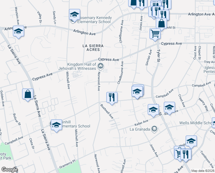 map of restaurants, bars, coffee shops, grocery stores, and more near 10566 Robinson Avenue in Riverside