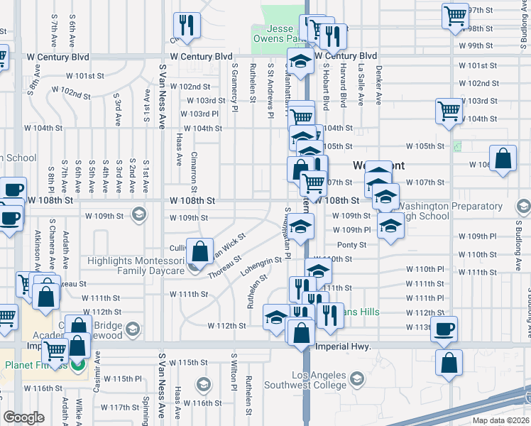 map of restaurants, bars, coffee shops, grocery stores, and more near 10816 South Saint Andrews Place in Los Angeles