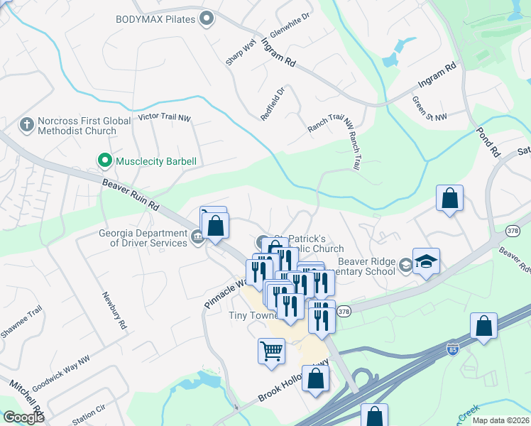 map of restaurants, bars, coffee shops, grocery stores, and more near 2127 Shadow Court Northwest in Norcross