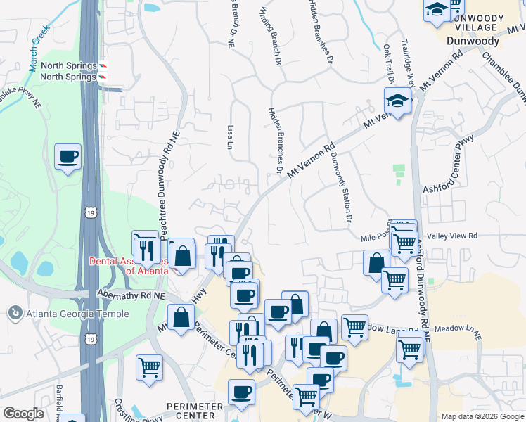 map of restaurants, bars, coffee shops, grocery stores, and more near 4782 Layfield Drive in Dunwoody