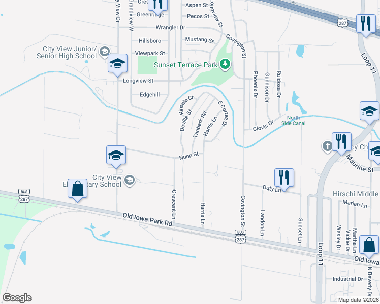 map of restaurants, bars, coffee shops, grocery stores, and more near 1400 Tanbark Road in Wichita Falls