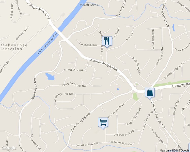 map of restaurants, bars, coffee shops, grocery stores, and more near 100 Black Water Cove NW in Atlanta