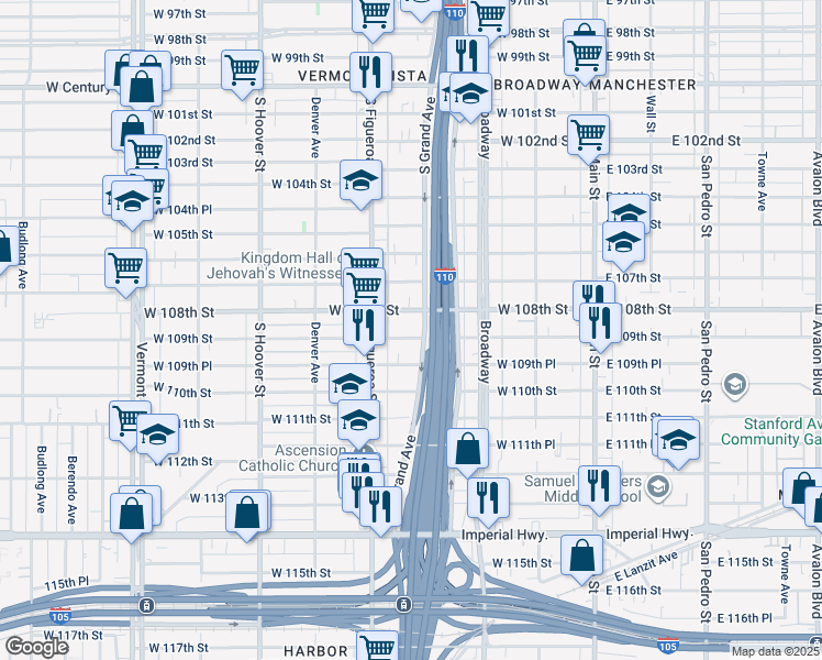 map of restaurants, bars, coffee shops, grocery stores, and more near 413 West 109th Street in Los Angeles
